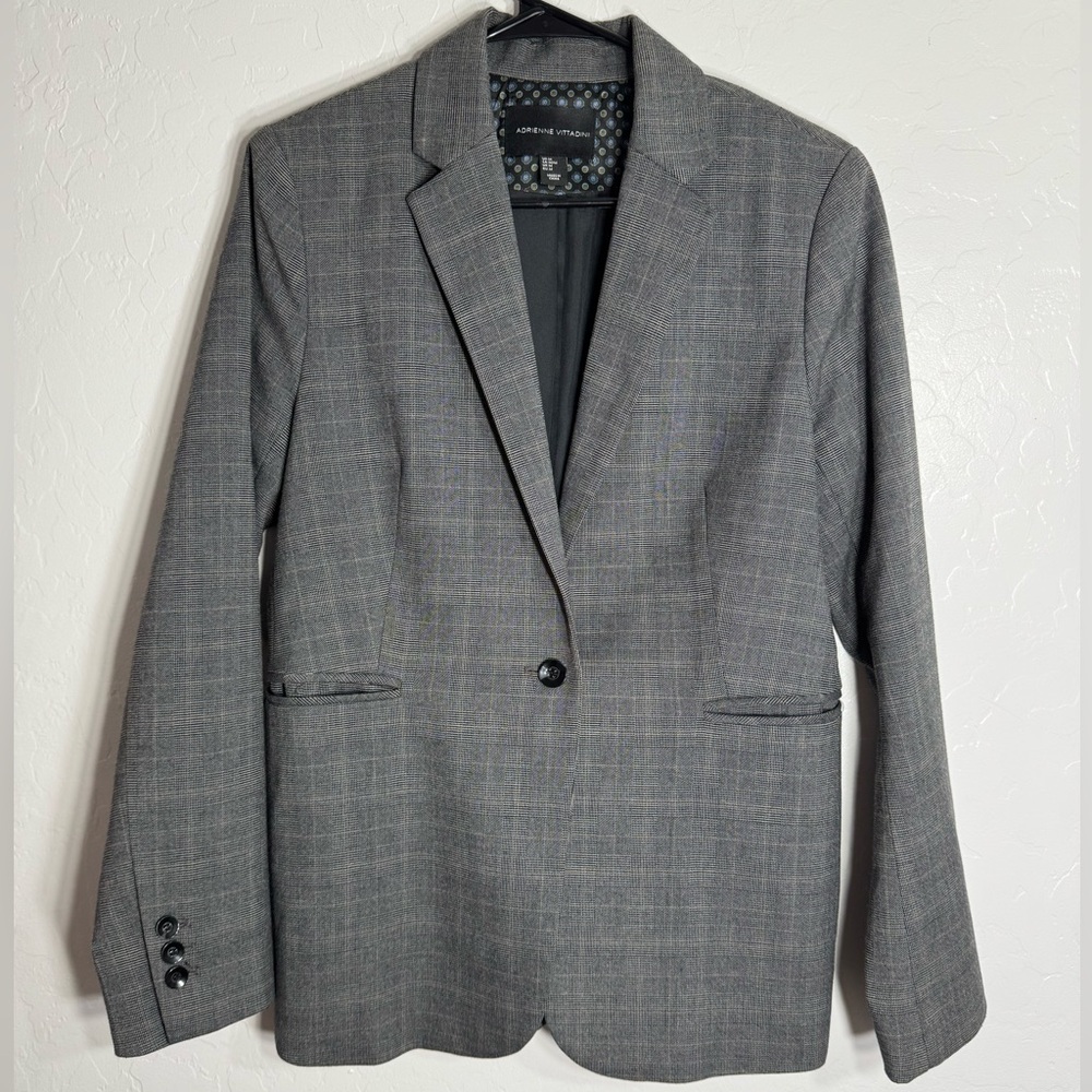 Adrienne Vittadini Glen Plaid Gray One Button Blazer Jacket Size M Career